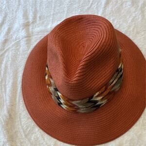 Curations Orange Wide Brim Fedora Hat for Women, Woven Band, Paper,‎ One Size
